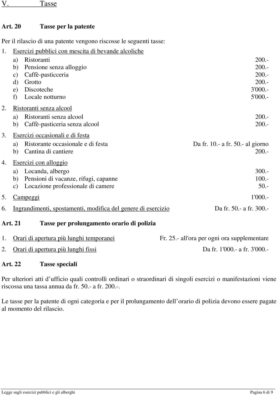 - b) Caffè-pasticeria senza alcool 200.- 3. Esercizi occasionali e di festa a) Ristorante occasionale e di festa Da fr. 10.- a fr. 50.- al giorno b) Cantina di cantiere 200.- 4.