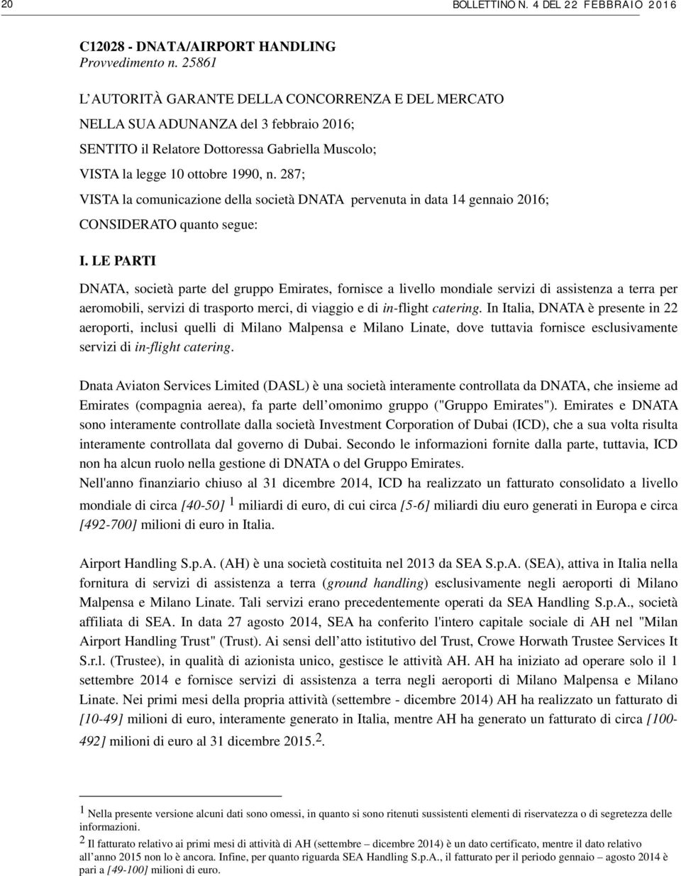 287; VISTA la comunicazione della società DNATA pervenuta in data 14 gennaio 2016; CONSIDERATO quanto segue: I.