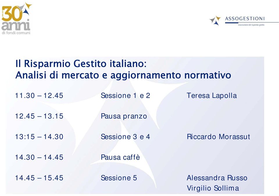 15 Pausa pranzo 13:15 14.30 Sessione 3 e 4 Riccardo Morassut 14.