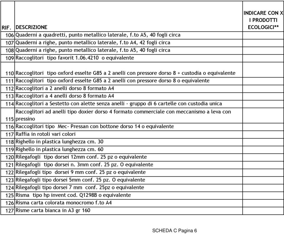 4210 o equivalente 110 Raccoglitori tipo oxford esselte G85 a 2 anelli con pressore dorso 8 + custodia o equivalente 111 Raccoglitori tipo oxford esselte G85 a 2 anelli con pressore dorso 8 o