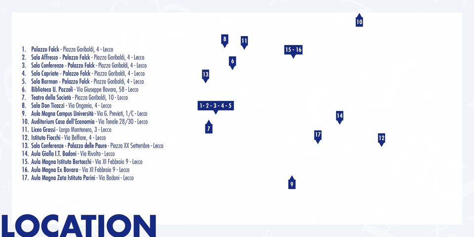 Sala Don Ticozzi - Via Ongania, 4 - Lecco 9. Aula Magna Campus Università - Via G. Previati, 1/C - Lecco 10. Auditorium Casa dell Economia - Via Tonale 28/30 - Lecco 11.