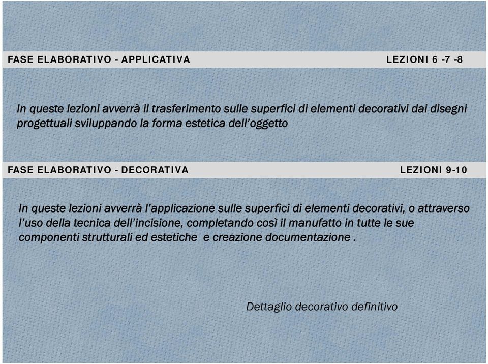 avverrà l applicazione sulle superfici di elementi decorativi, o attraverso l uso della tecnica dell incisione, completando