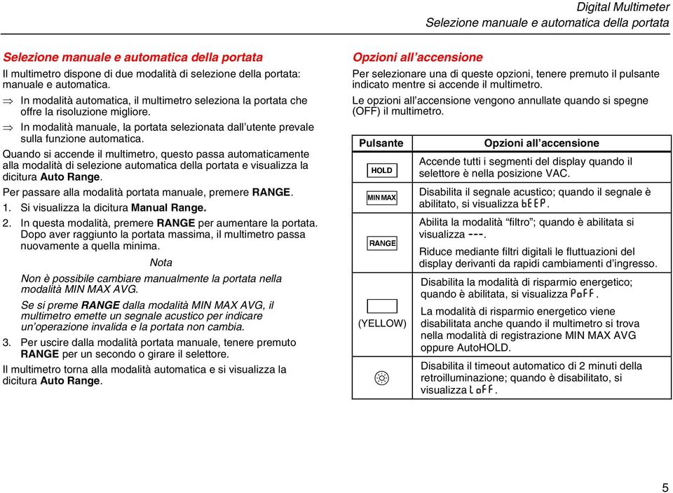 Quando si accende il multimetro, questo passa automaticamente alla modalità di selezione automatica della portata e visualizza la dicitura Auto Range.