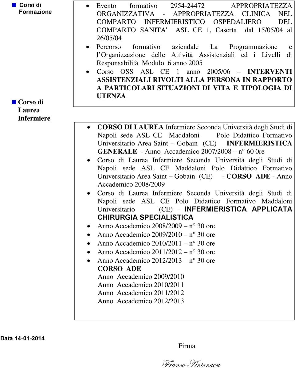 anno 2005/06 INTERVENTI ASSISTENZIALI RIVOLTI ALLA PERSONA IN RAPPORTO A PARTICOLARI SITUAZIONI DI VITA E TIPOLOGIA DI UTENZA CORSO DI LAUREA Infermiere Seconda Università degli Studi di Napoli sede