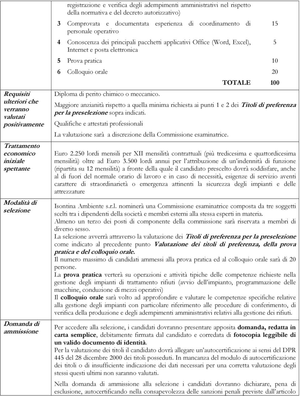 Excel), Internet e posta elettronica 5 Prova pratica 10 6 Colloquio orale 20 Diploma di perito chimico o meccanico.