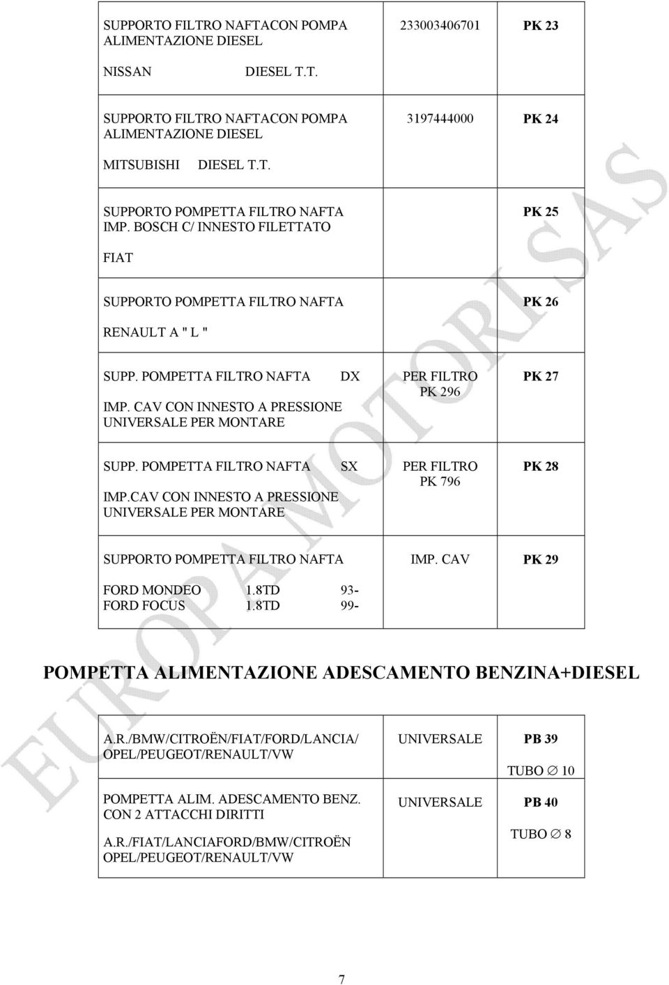 CAV CON INNESTO A PRESSIONE UNIVERSALE PER MONTARE DX PER FILTRO PK 296 PK 27 SUPP. POMPETTA FILTRO NAFTA IMP.