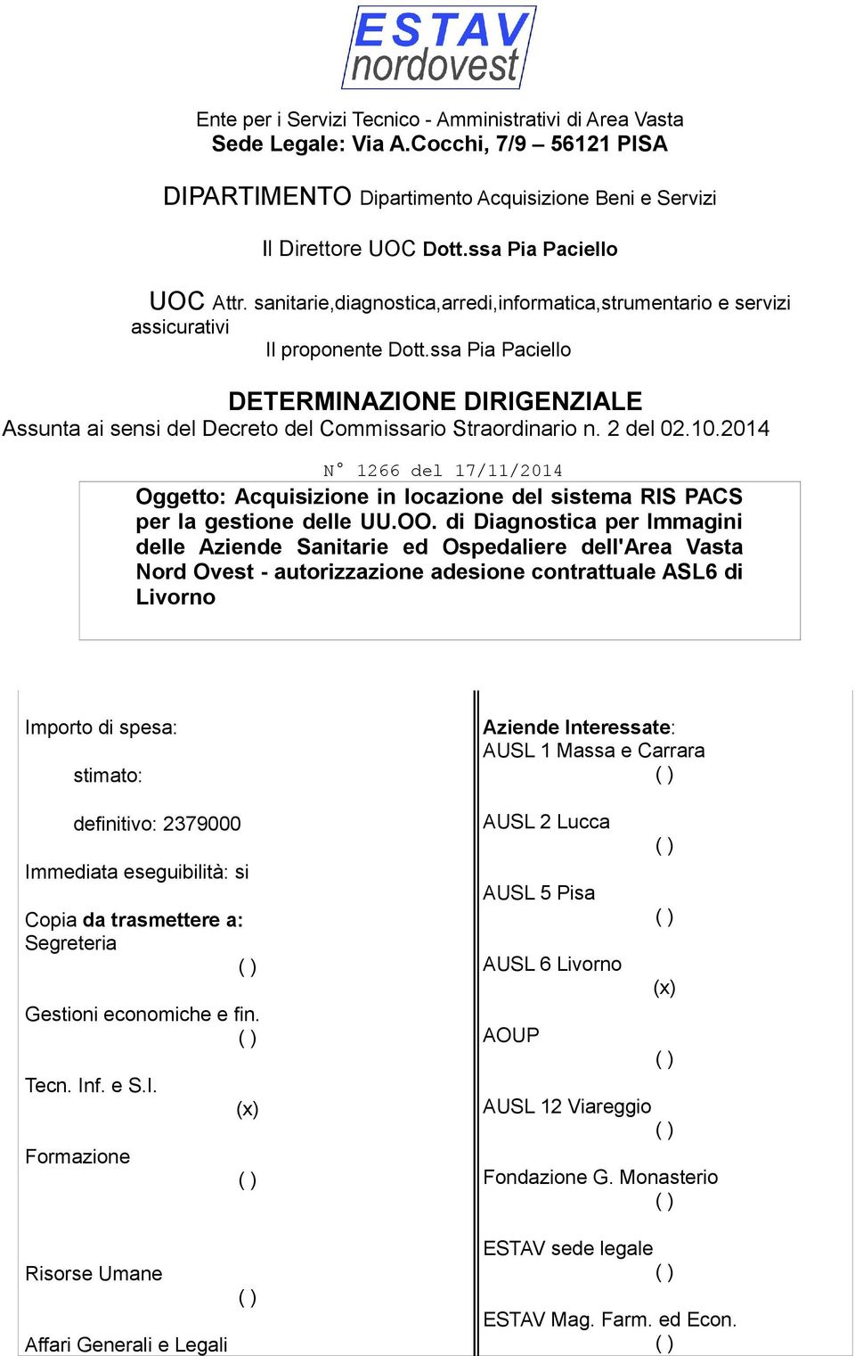 ssa Pia Paciello DETERMINAZIONE DIRIGENZIALE Assunta ai sensi del Decreto del Commissario Straordinario n. 2 del 02.10.