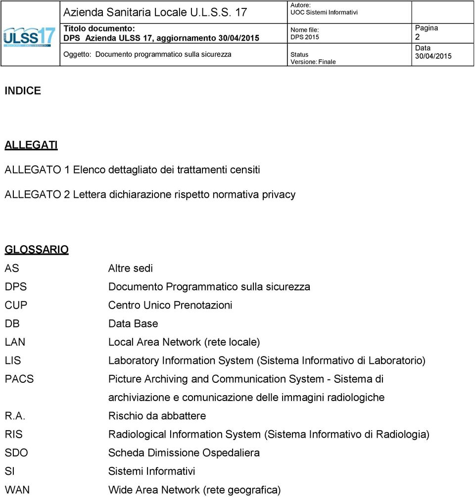 .. 17 DP Azienda UL 17, aggiornamento DP 2015 tatus 2 INDICE ALLEGATI ALLEGATO 1 Elenco dettagliato dei trattamenti censiti ALLEGATO 2 Lettera dichiarazione rispetto normativa