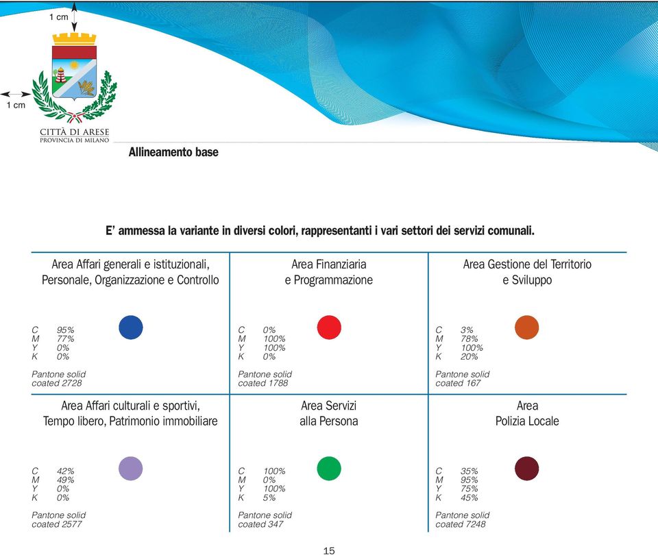 0% Pantone solid coated 2728 Area Affari culturali e sportivi, Tempo libero, Patrimonio immobiliare C 0% M 100% Y 100% K 0% Pantone solid coated 1788 Area Servizi alla