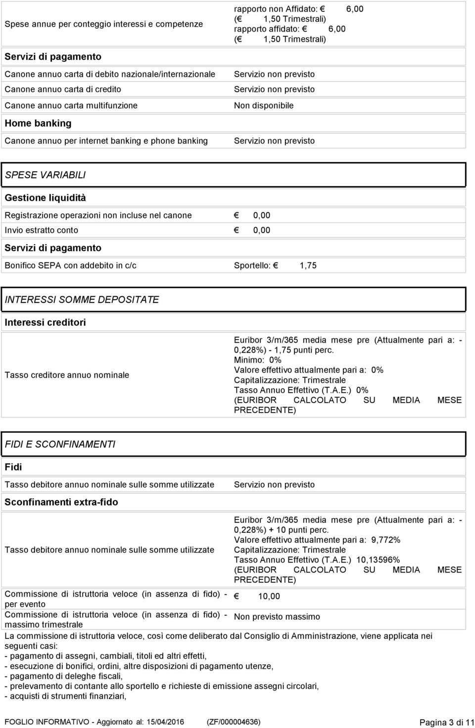 liquidità Registrazione operazioni non incluse nel canone 0,00 Invio estratto conto 0,00 Servizi di pagamento Bonifico SEPA con addebito in c/c Sportello: 1,75 INTERESSI SOMME DEPOSITATE Interessi