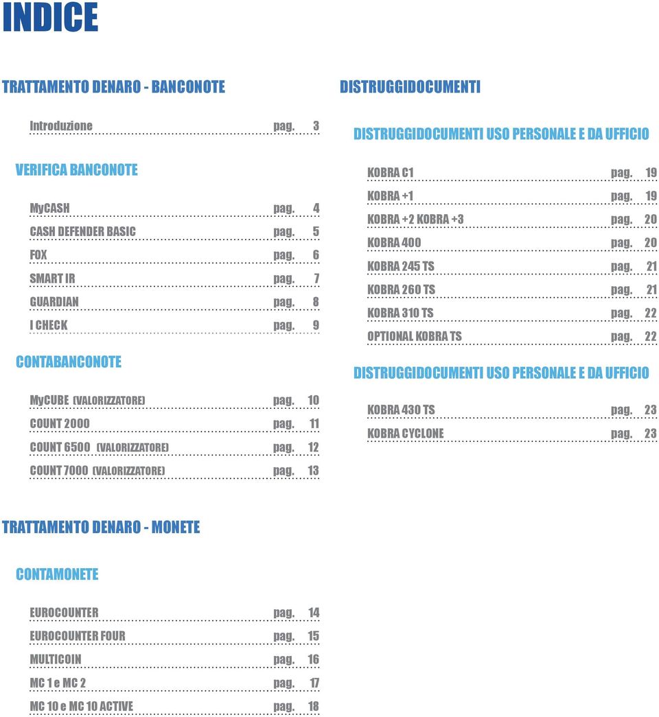 19 KOBRA +1 pag. 19 KOBRA +2 KOBRA +3 pag. 20 KOBRA 400 pag. 20 KOBRA 245 TS pag. 21 KOBRA 260 TS pag. 21 KOBRA 310 TS pag. 22 OPTIONAL KOBRA TS pag.