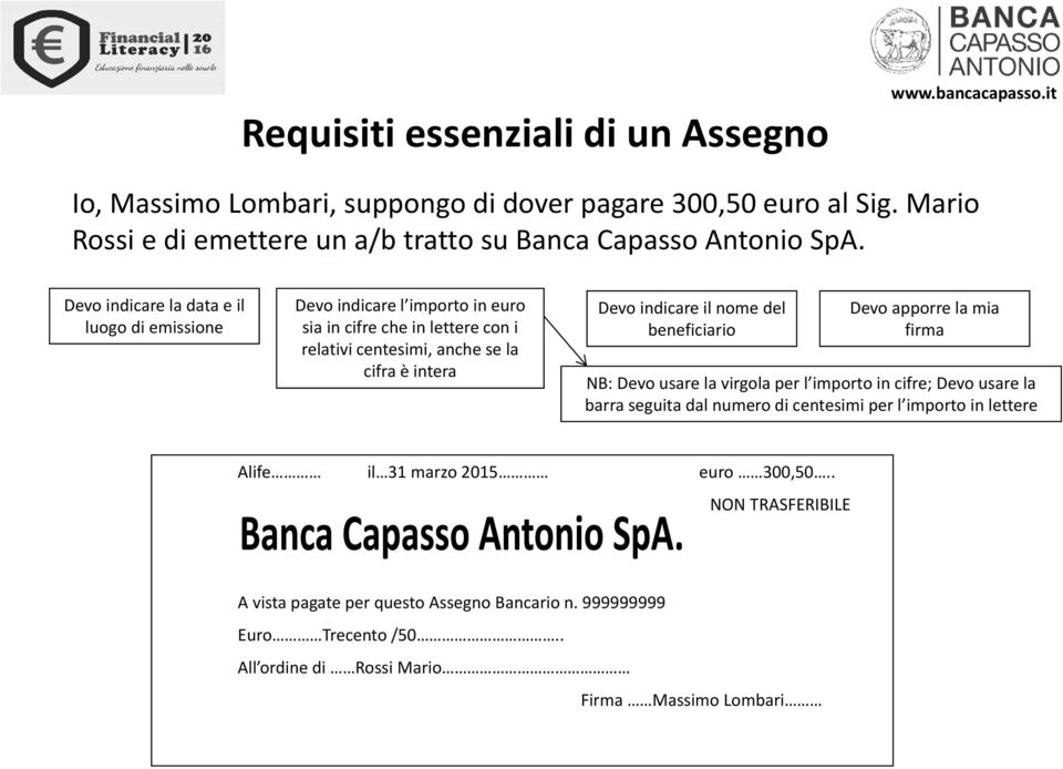 il nome del beneficiario Devo apporre la mia firma NB: Devo usare la virgola per l importo in cifre; Devo usare la barra seguita dal numero di centesimi per l importo in