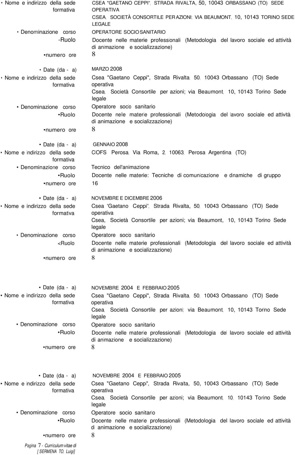 Roma, 2, 10063, Perosa Argentina (TO) Tecnico dell'animazione Docente nelle materie: Tecniche di comunicazione 16 NOVEMBRE E DICEMBRE 2006 e dinamiche di gruppo Csea "Gaetano Ceppi", Strada Rivalta,