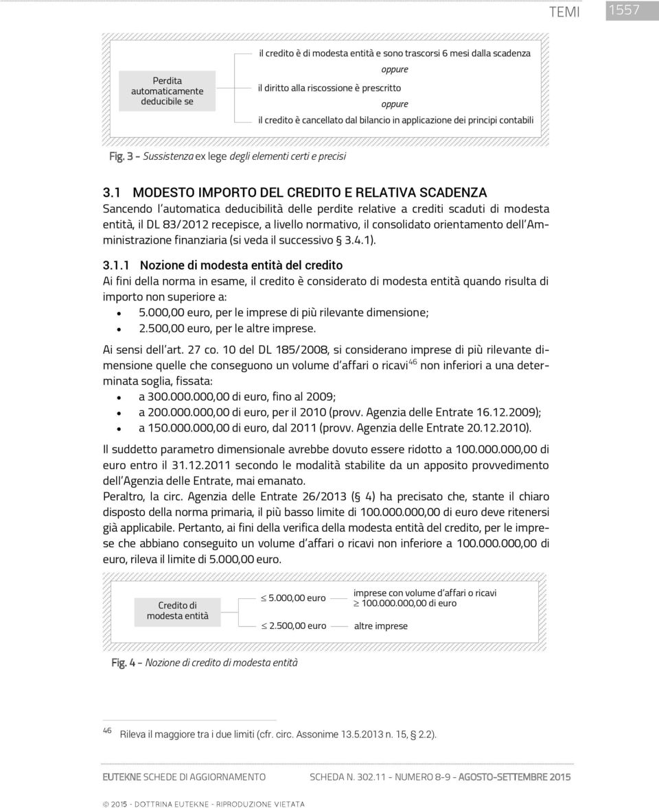 1 MODESTO IMPORTO DEL CREDITO E RELATIVA SCADENZA Sancendo l automatica deducibilità delle perdite relative a crediti scaduti di modesta entità, il DL 83/2012 recepisce, a livello normativo, il