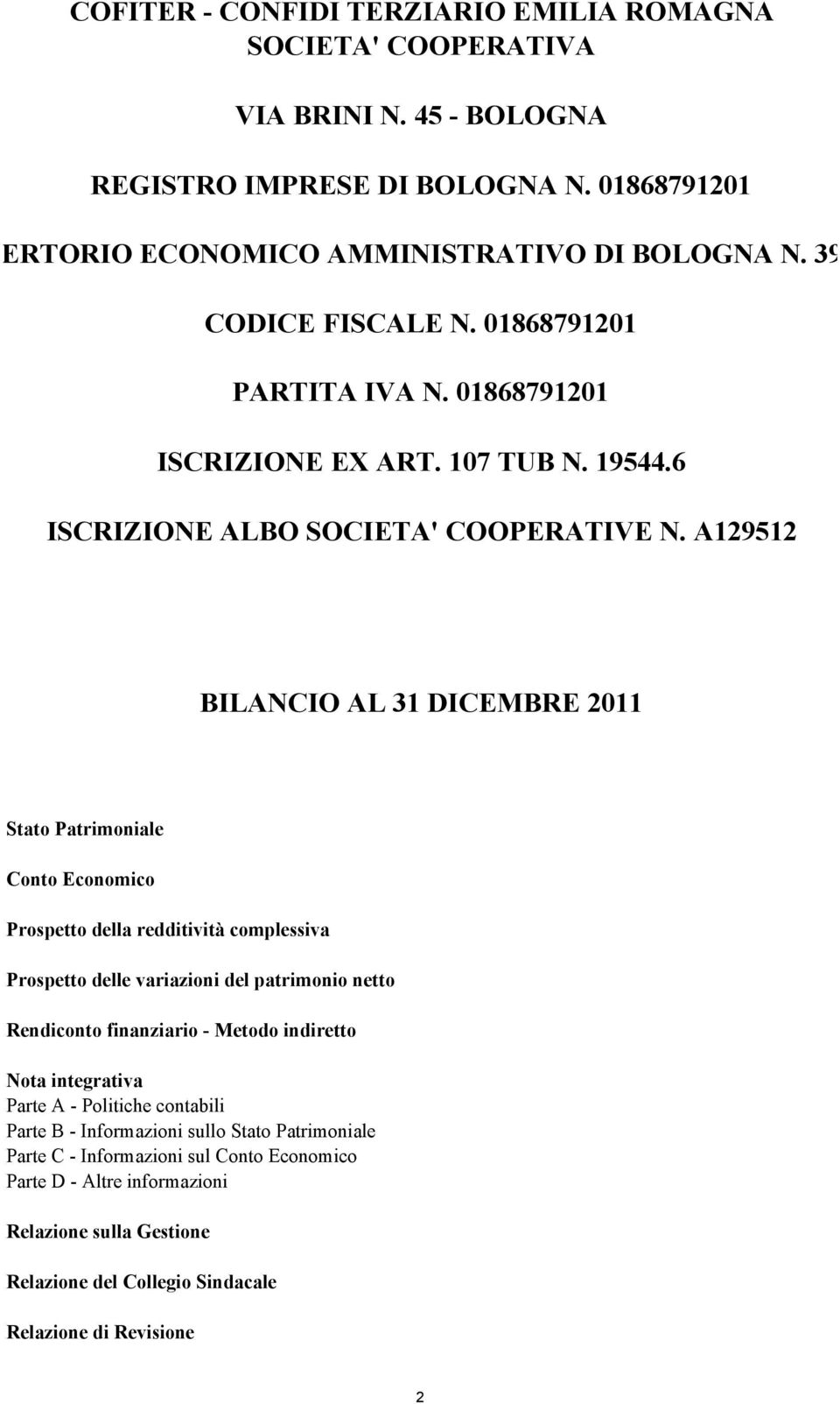 A129512 BILANCIO AL 31 DICEMBRE 2011 Stato Patrimoniale Conto Economico Prospetto della redditività complessiva Prospetto delle variazioni del patrimonio netto Rendiconto finanziario - Metodo