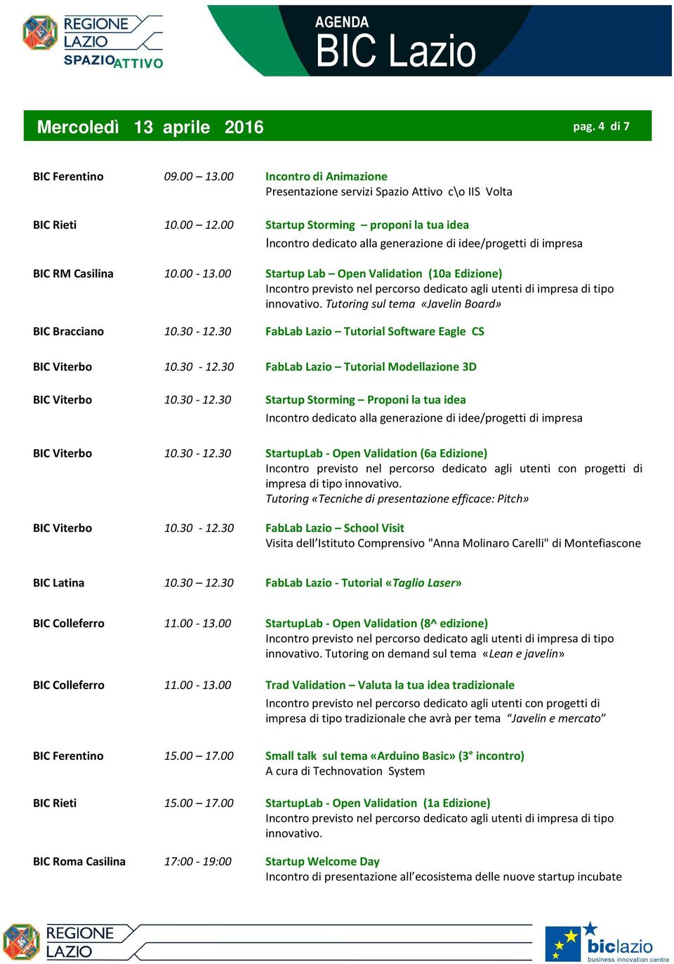 30-12.30 Startup Storming Proponi la tua idea 10.30-12.30 StartupLab- Open Validation(6a Edizione) Tutoring«Tecniche di presentazione efficace: Pitch» 10.30-12.30 FabLab Lazio School Visit Visita dell Istituto Comprensivo "Anna Molinaro Carelli" di Montefiascone 10.