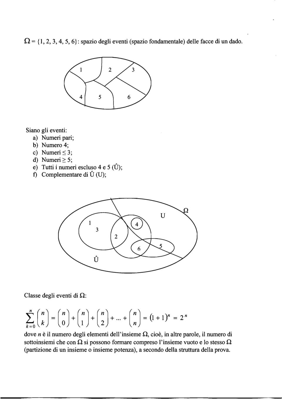 Complementare di O (U); Classe degli eventi di a : dove n è il numero degli elementi dell'insieme a, cioè, in altre parole,