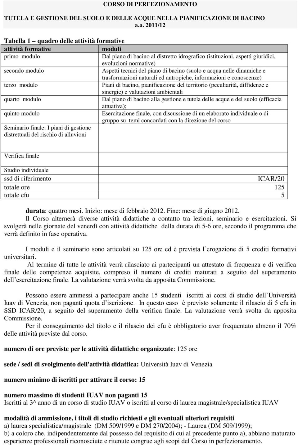 (peculiarità, diffidenze e sinergie) e valutazioni ambientali quarto modulo Dal piano di bacino alla gestione e tutela delle acque e del suolo (efficacia attuativa); quinto modulo Esercitazione