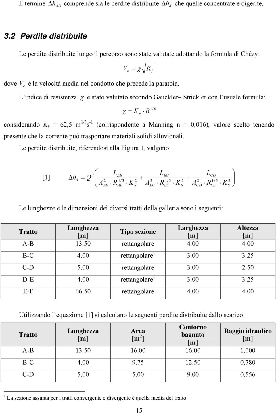 L indice di resistenza χ è stato valutato secondo Gauckler Strickler con l usuale formula: / 6 χ K s R considerando K s 6,5 m / s - (corrispondente a Manning n 0,06), valore scelto tenendo presente