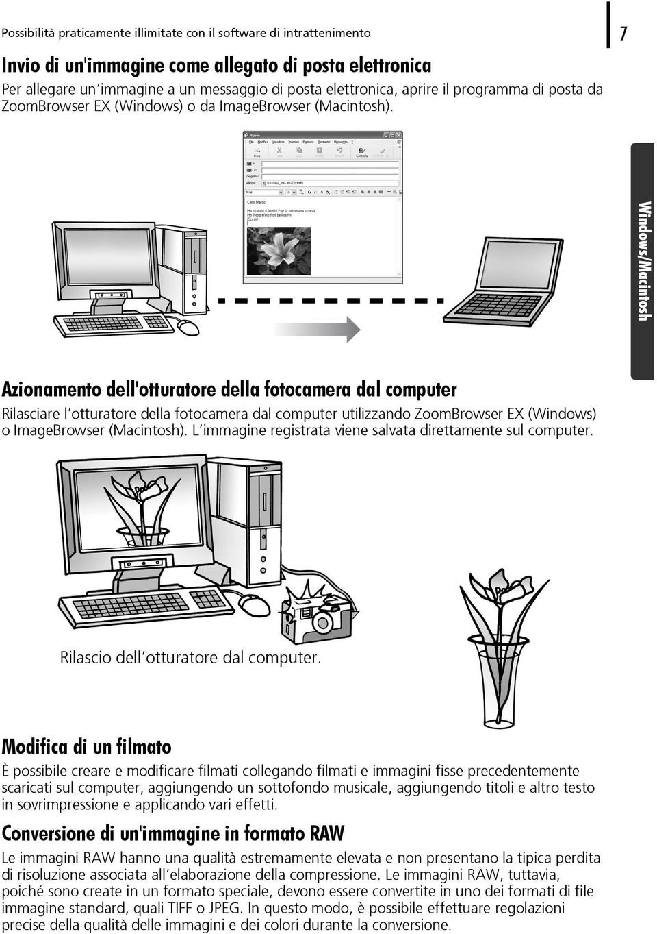 Azionamento dell'otturatore della fotocamera dal computer Rilasciare l otturatore della fotocamera dal computer utilizzando ZoomBrowser EX (Windows) o ImageBrowser (Macintosh).