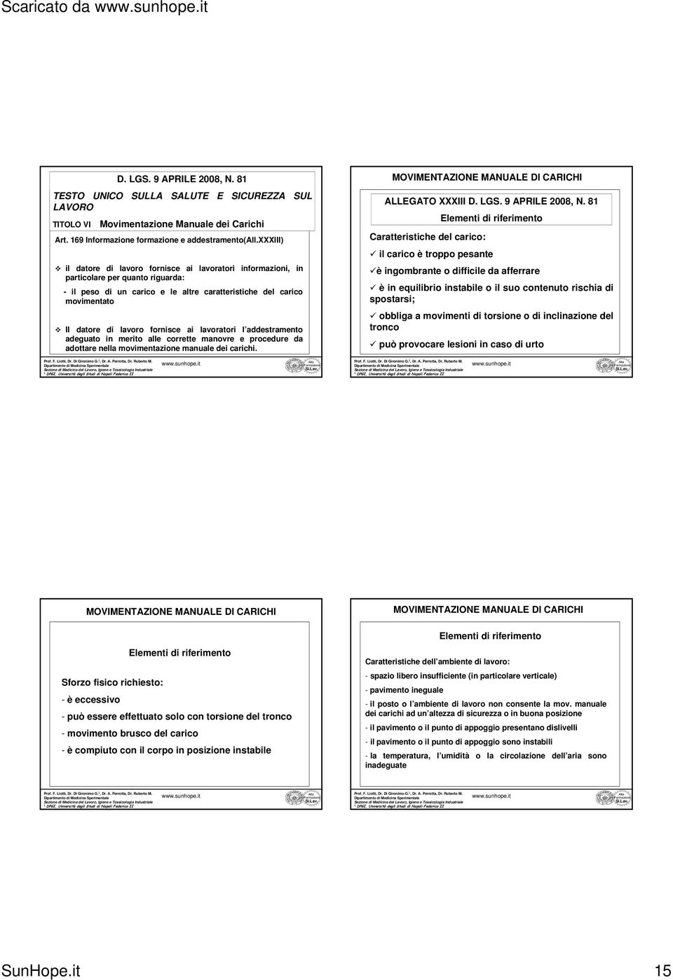 fornisce ai lavoratori l addestramento adeguato in merito alle corrette manovre e procedure da adottare nella movimentazione manuale dei carichi. MOVIMENTAZIONE MANUALE DI CARICHI ALLEGATO XXXIII D.