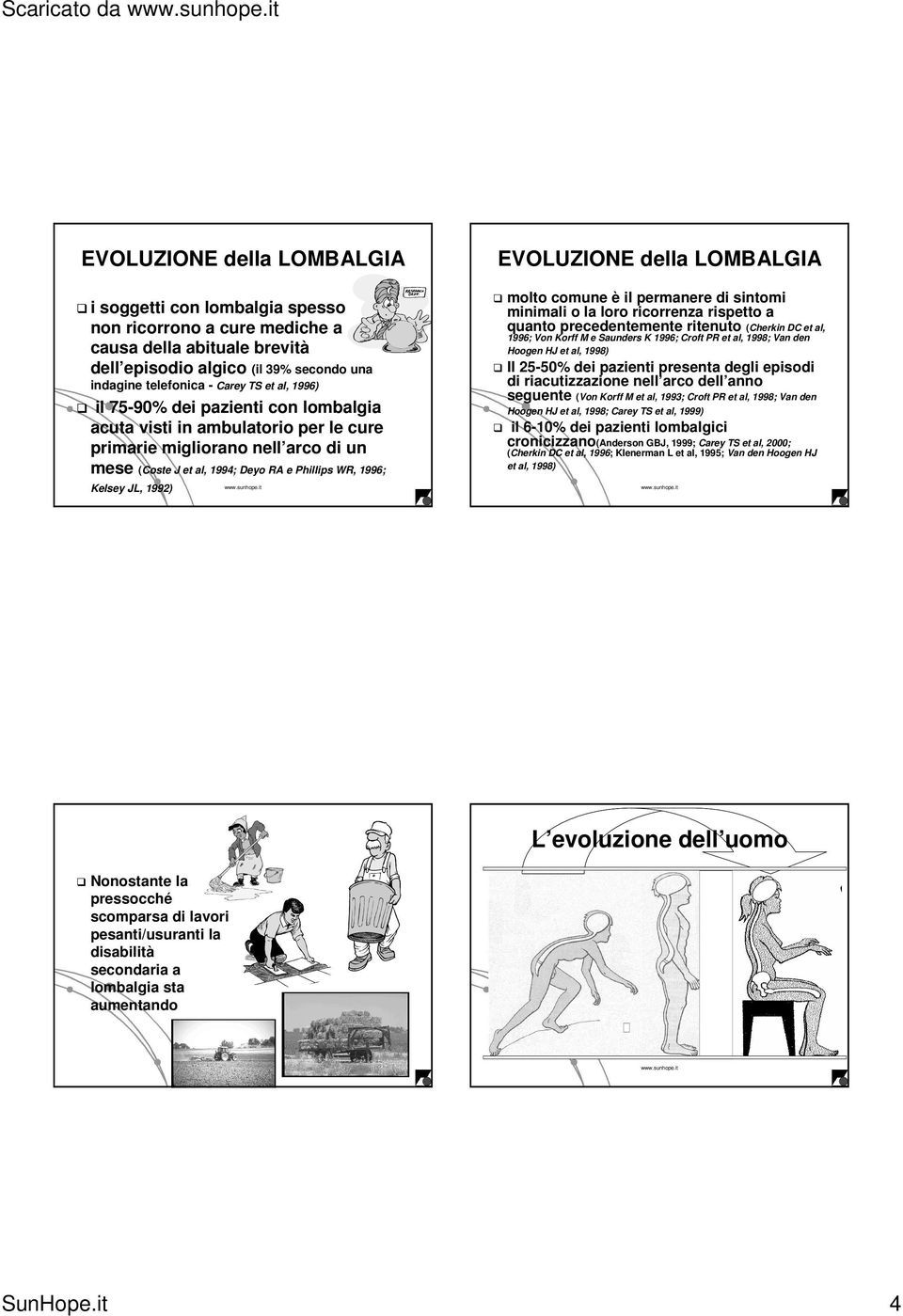 Phillips WR, 1996; molto comune è il permanere di sintomi minimali o la loro ricorrenza rispetto a quanto precedentemente ritenuto (Cherkin DC et al, 1996; Von Korff M e Saunders K 1996; Croft PR et