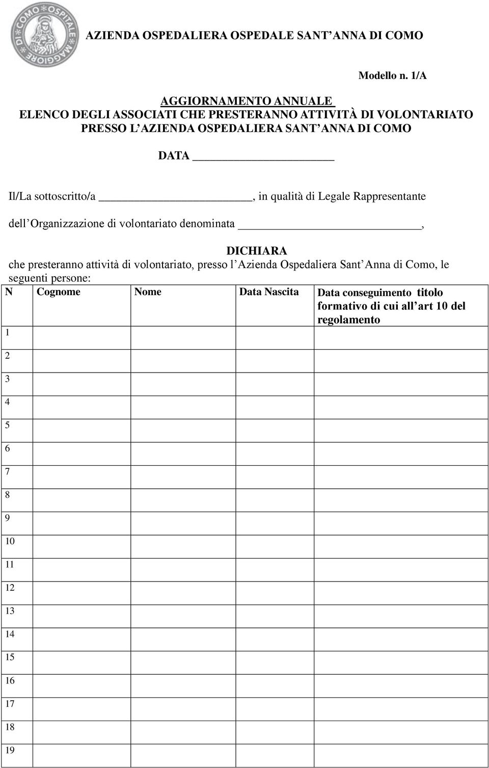 Il/La sottoscritto/a, in qualità di Legale Rappresentante dell Organizzazione di volontariato denominata, DICHIARA che presteranno attività di