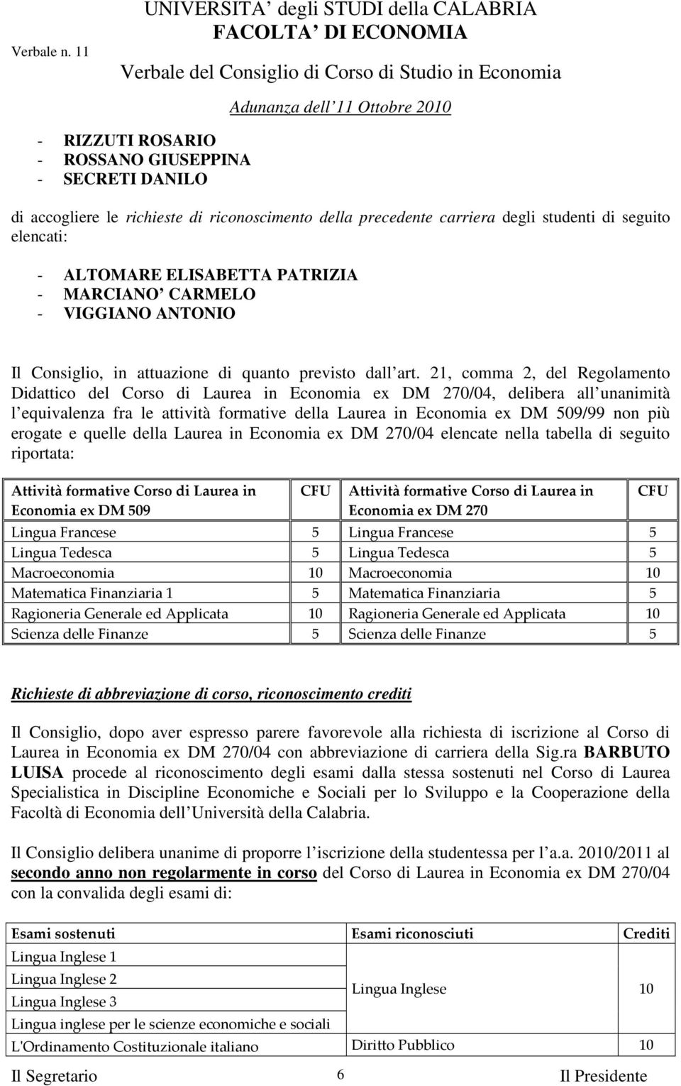 21, comma 2, del Regolamento Didattico del Corso di Laurea in Economia ex DM 270/04, delibera all unanimità l equivalenza fra le attività formative della Laurea in Economia ex DM 509/99 non più