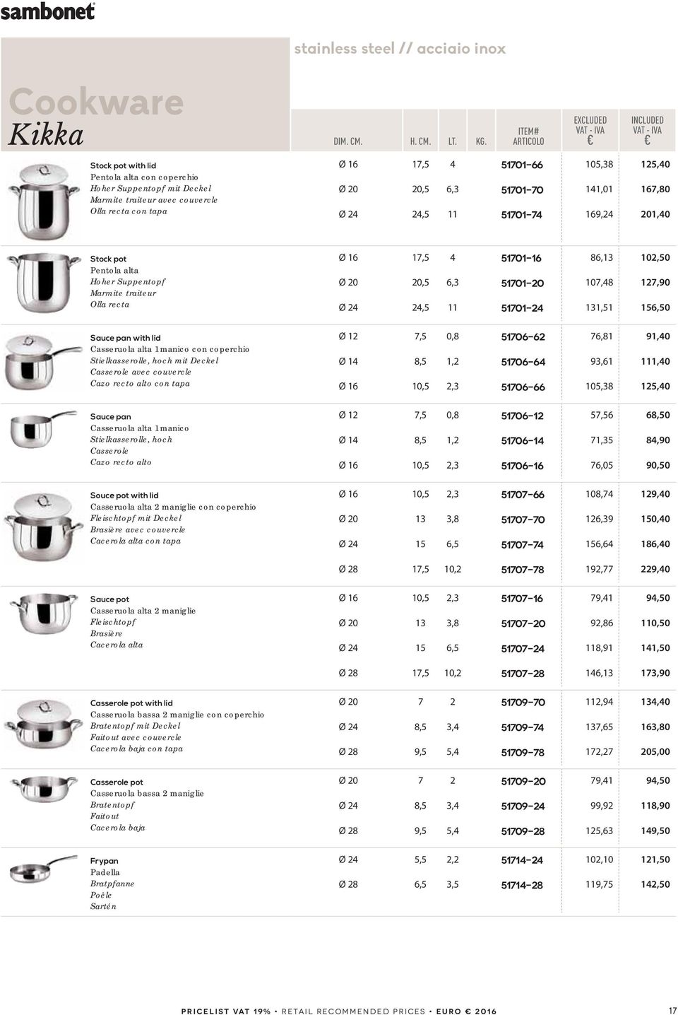 6,3 51701-20 107,48 127,90 Ø 24 24,5 11 51701-24 131,51 156,50 Sauce pan with lid Casseruola alta 1 manico con coperchio Stielkasserolle, hoch mit Deckel Casserole avec couvercle Cazo recto alto con