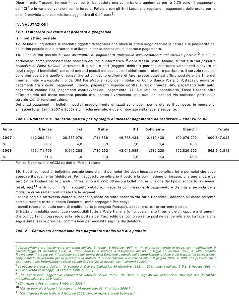 Il mercato rilevante del prodotto e geografico i) Il bollettino postale 17.