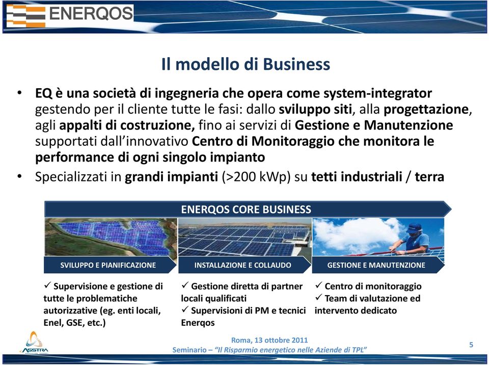 impianti (>200 kwp) su tetti industriali / terra ENERQOS CORE BUSINESS SVILUPPO E PIANIFICAZIONE Supervisione e gestione di tutte le problematiche autorizzative (eg.