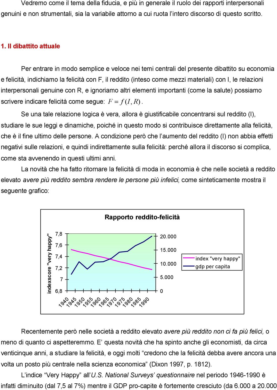 I, le relazioni interpersonali genuine con R, e ignoriamo altri elementi importanti (come la salute) possiamo scrivere indicare felicità come segue: F = f ( I, R).