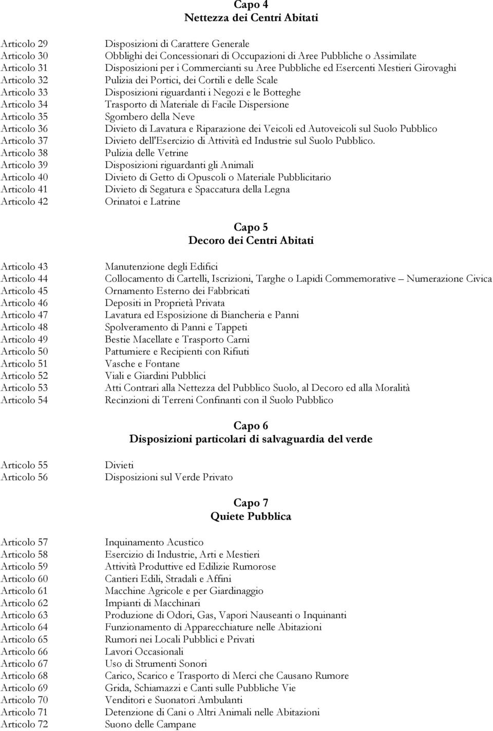 Pulizia dei Portici, dei Cortili e delle Scale Disposizioni riguardanti i Negozi e le Botteghe Trasporto di Materiale di Facile Dispersione Sgombero della Neve Divieto di Lavatura e Riparazione dei