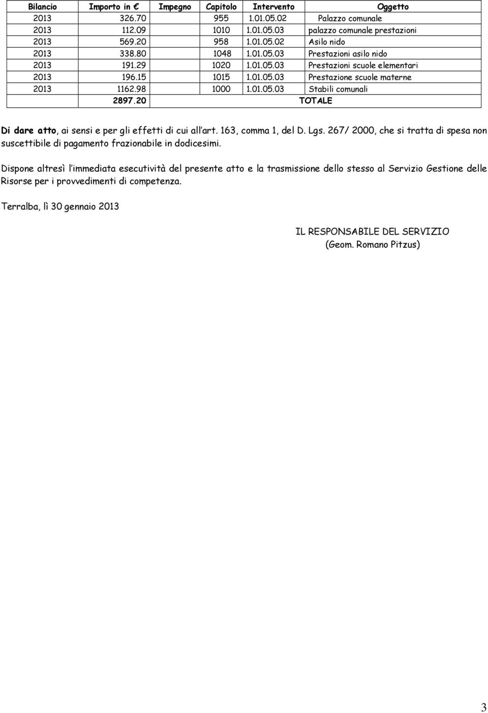 20 TOTALE Di dare atto, ai sensi e per gli effetti di cui all art. 163, comma 1, del D. Lgs. 267/ 2000, che si tratta di spesa non suscettibile di pagamento frazionabile in dodicesimi.