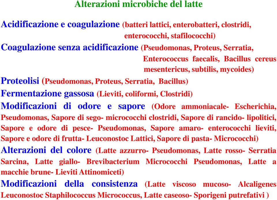 Modificazioni di odore e sapore (Odore ammoniacale- Escherichia, Pseudomonas, Sapore di sego- micrococchi clostridi, Sapore di rancido- lipolitici, Sapore e odore di pesce- Pseudomonas, Sapore amaro-