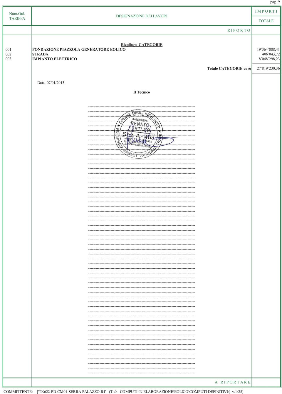 CATEGORIE euro 27 819 230,36 Data, 07/01/2013 Il Tecnico A R I P O R T A R E