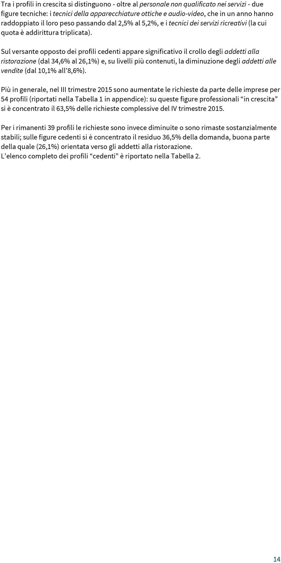 Sul versante opposto dei profili cedenti appare significativo il crollo degli addetti alla ristorazione (dal 34,6% al 26,1%) e, su livelli più contenuti, la diminuzione degli addetti alle vendite