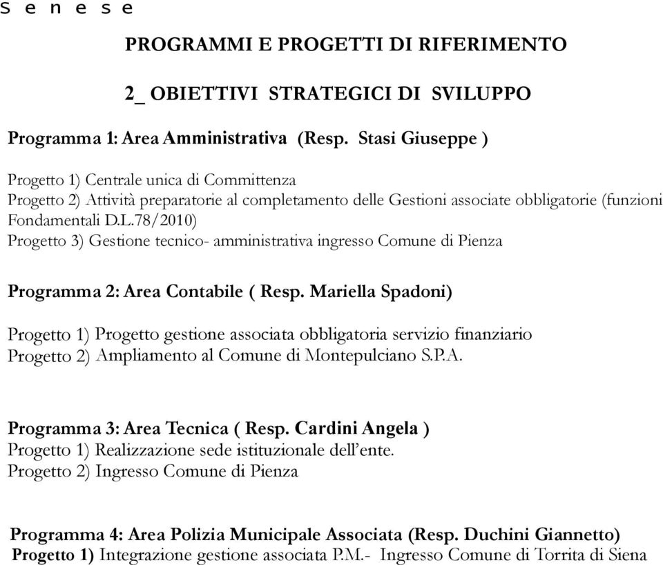 78/2010) Progetto 3) Gestione tecnico- amministrativa ingresso Comune di Pienza Programma 2: Area Contabile ( Resp.