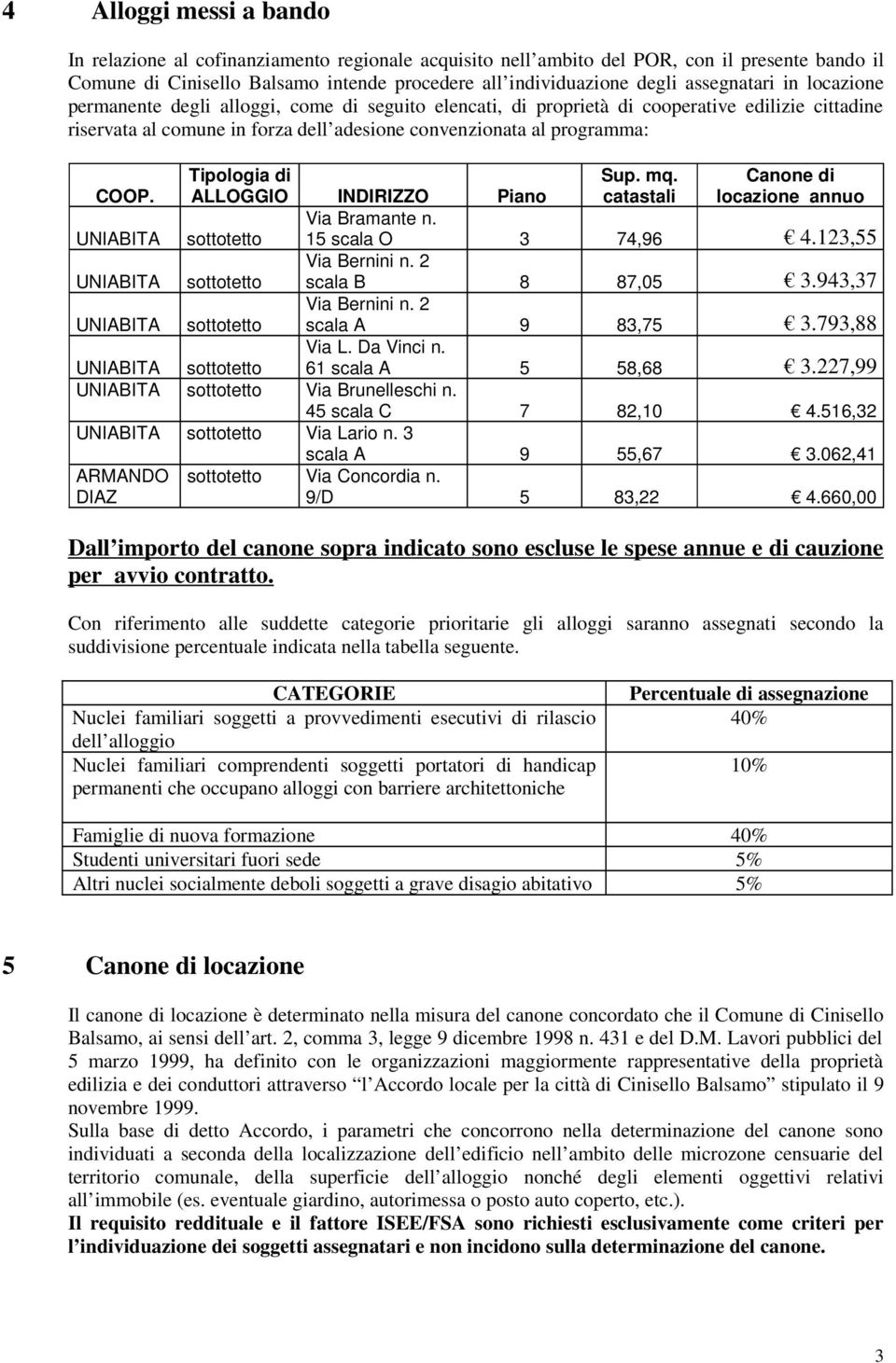 Tipologia di ALLOGGIO INDIRIZZO Piano Via Bramante n. Via Bernini n. 2 Via Bernini n. 2 Sup. mq. catastali Canone di locazione annuo 15 scala O 3 74,96 4.123,55 scala B 8 87,05 3.