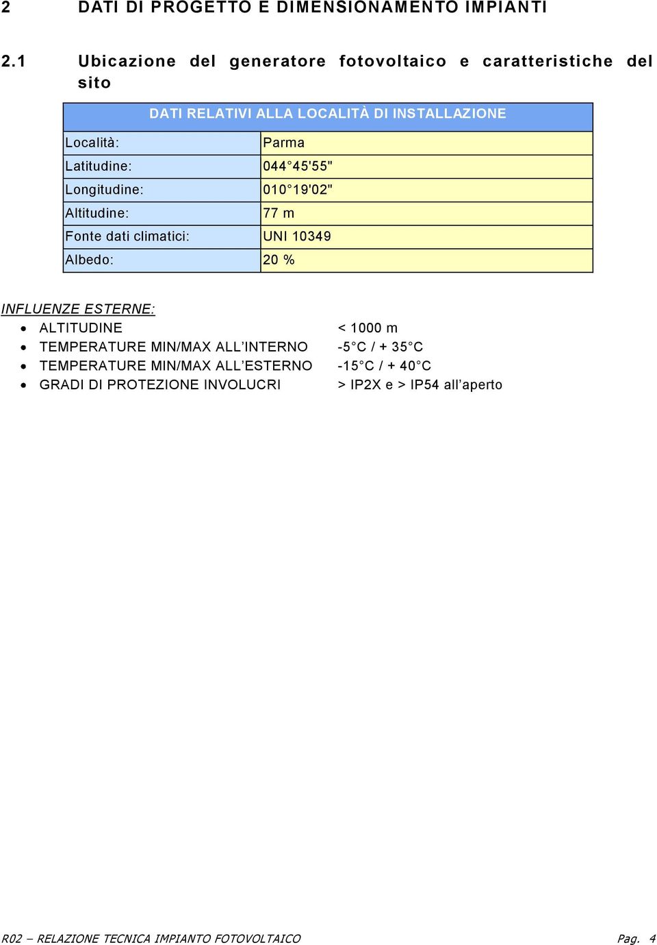 ALLA LOCALITÀ DI INSTALLAZIONE Parma 044 45'55" 010 19'02" 77 m Fonte dati climatici: UNI 10349 Albedo: 20 % INFLUENZE ESTERNE: