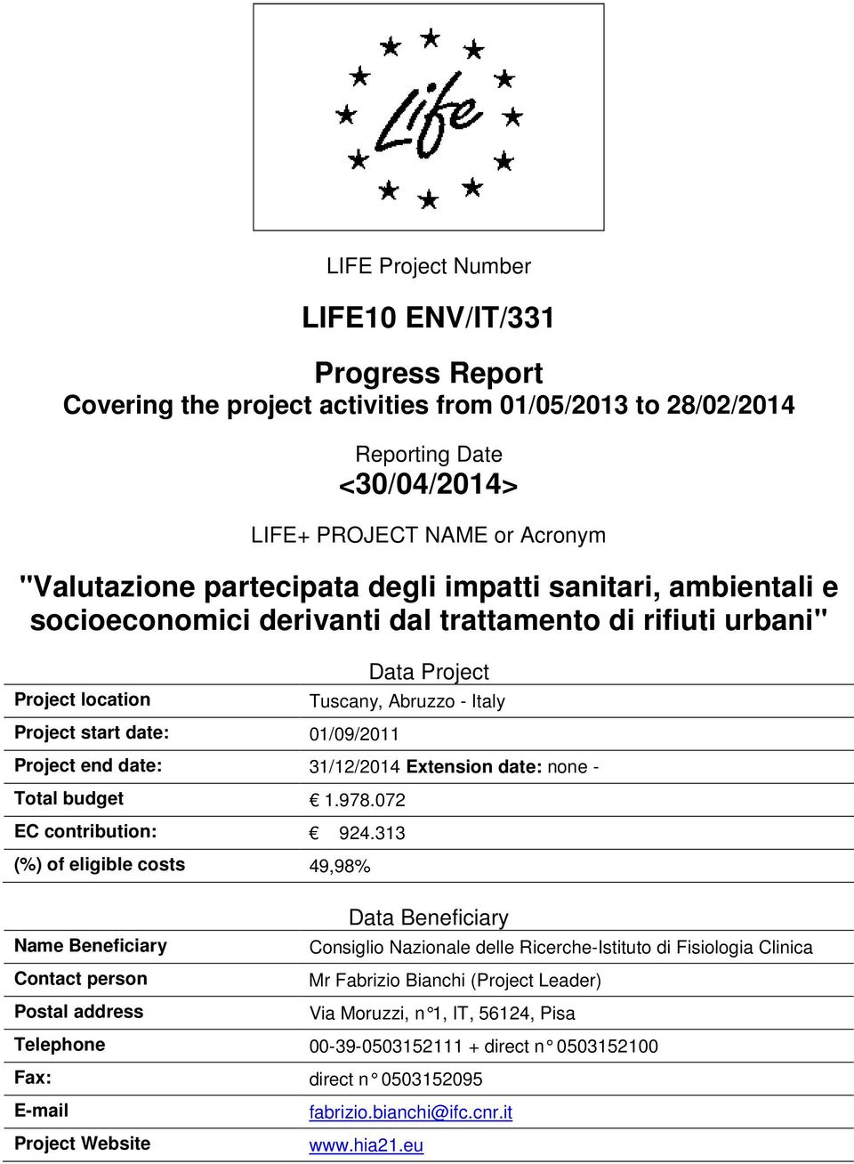 31/12/2014 Extension date: none - Total budget 1.978.072 EC contribution: 924.