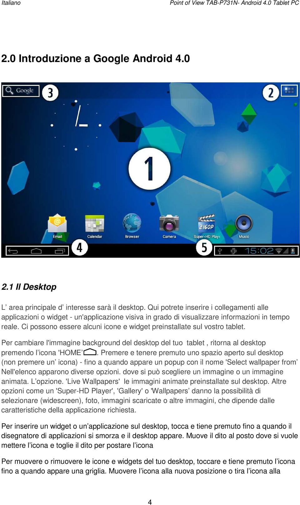 Ci possono essere alcuni icone e widget preinstallate sul vostro tablet. Per cambiare l'immagine background del desktop del tuo tablet, ritorna al desktop premendo l icona 'HOME.