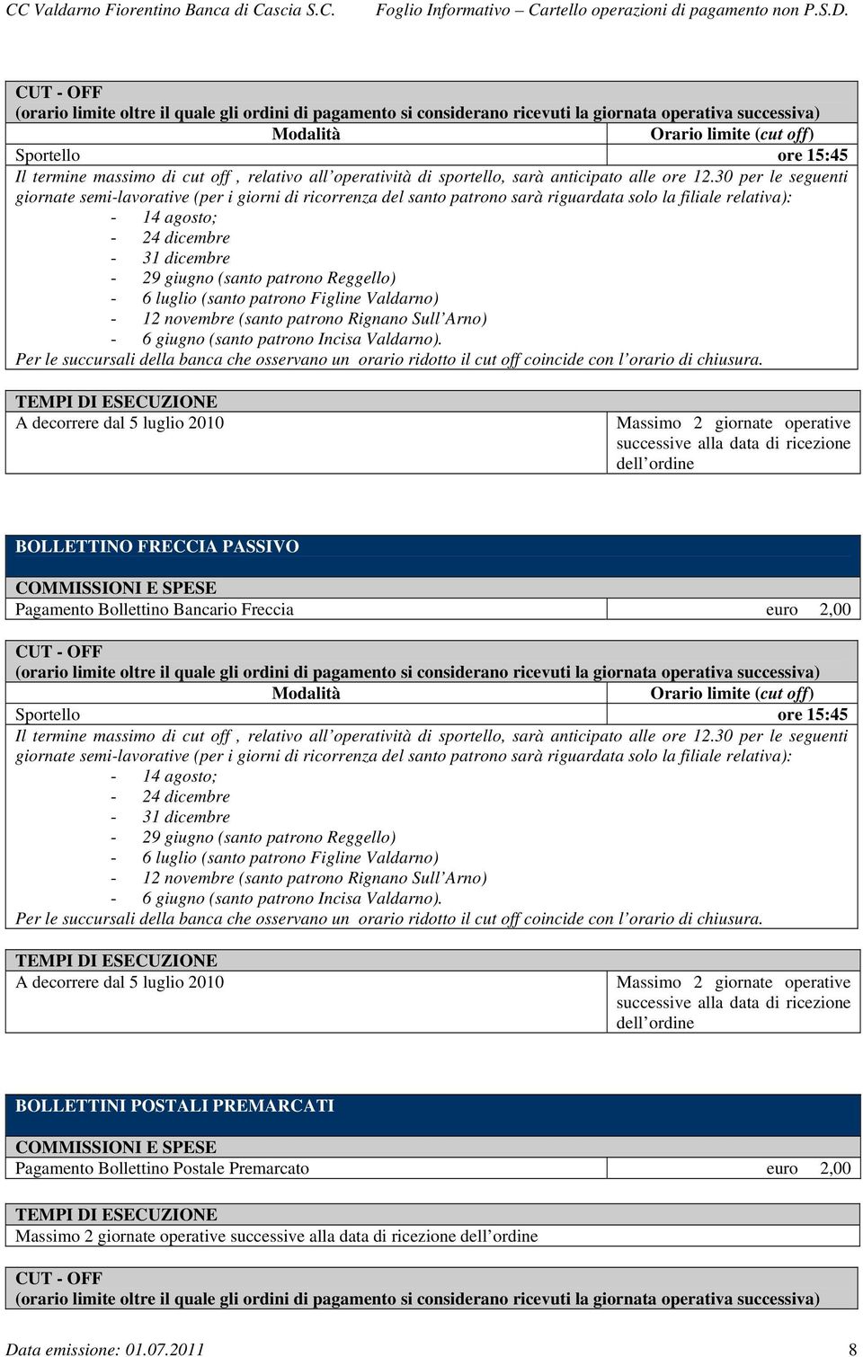 30 per le seguenti giornate semi-lavorative (per i giorni di ricorrenza del santo patrono sarà riguardata solo la filiale relativa): - 14 agosto; - 24 dicembre - 31 dicembre - 29 giugno (santo