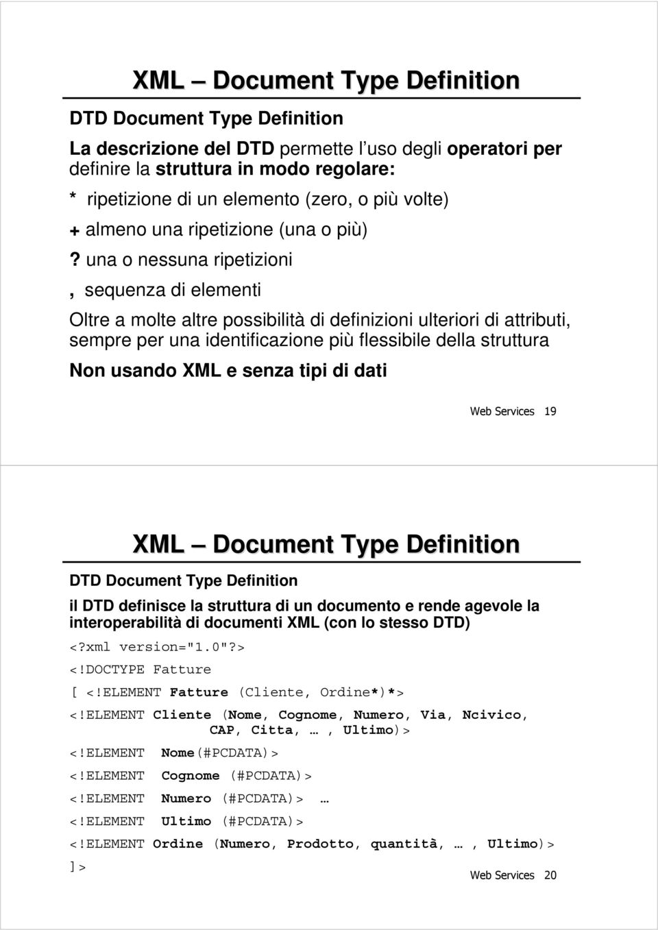 una o nessuna ripetizioni, sequenza di elementi Oltre a molte altre possibilità di definizioni ulteriori di attributi, sempre per una identificazione più flessibile della struttura Non usando XML e