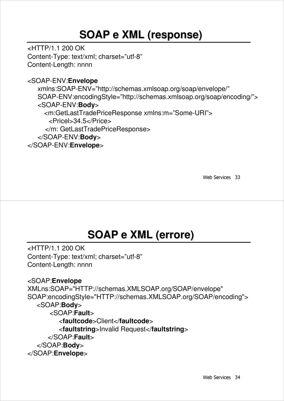 5</Price> </m: GetLastTradePriceResponse> </SOAP-ENV:Body> </SOAP-ENV:Envelope> Web Services 33 SOAP e XML (errore) <HTTP/1.