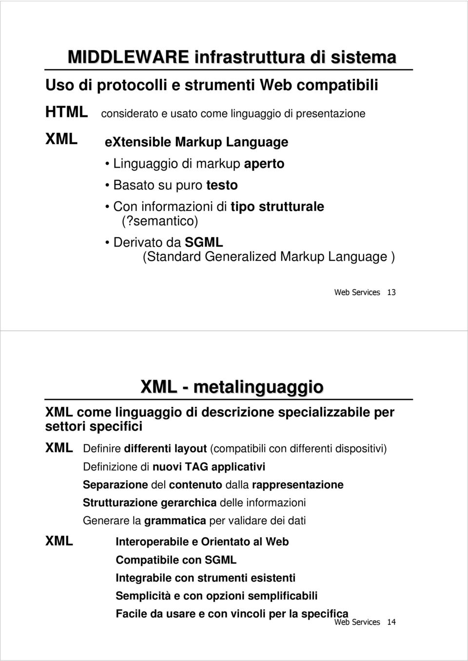 semantico) Derivato da SGML (Standard Generalized Markup Language ) Web Services 13 XML come linguaggio di descrizione specializzabile per settori specifici XML Definire differenti layout