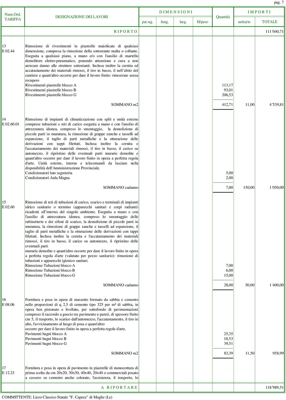 Inclusa inoltre la cernita ed accatastamento dei materiali rimossi, il tiro in basso, il nell abito del cantiere e quant'altro occorre per dare il lavoro finito: rimozione senza recupero Rivestimenti