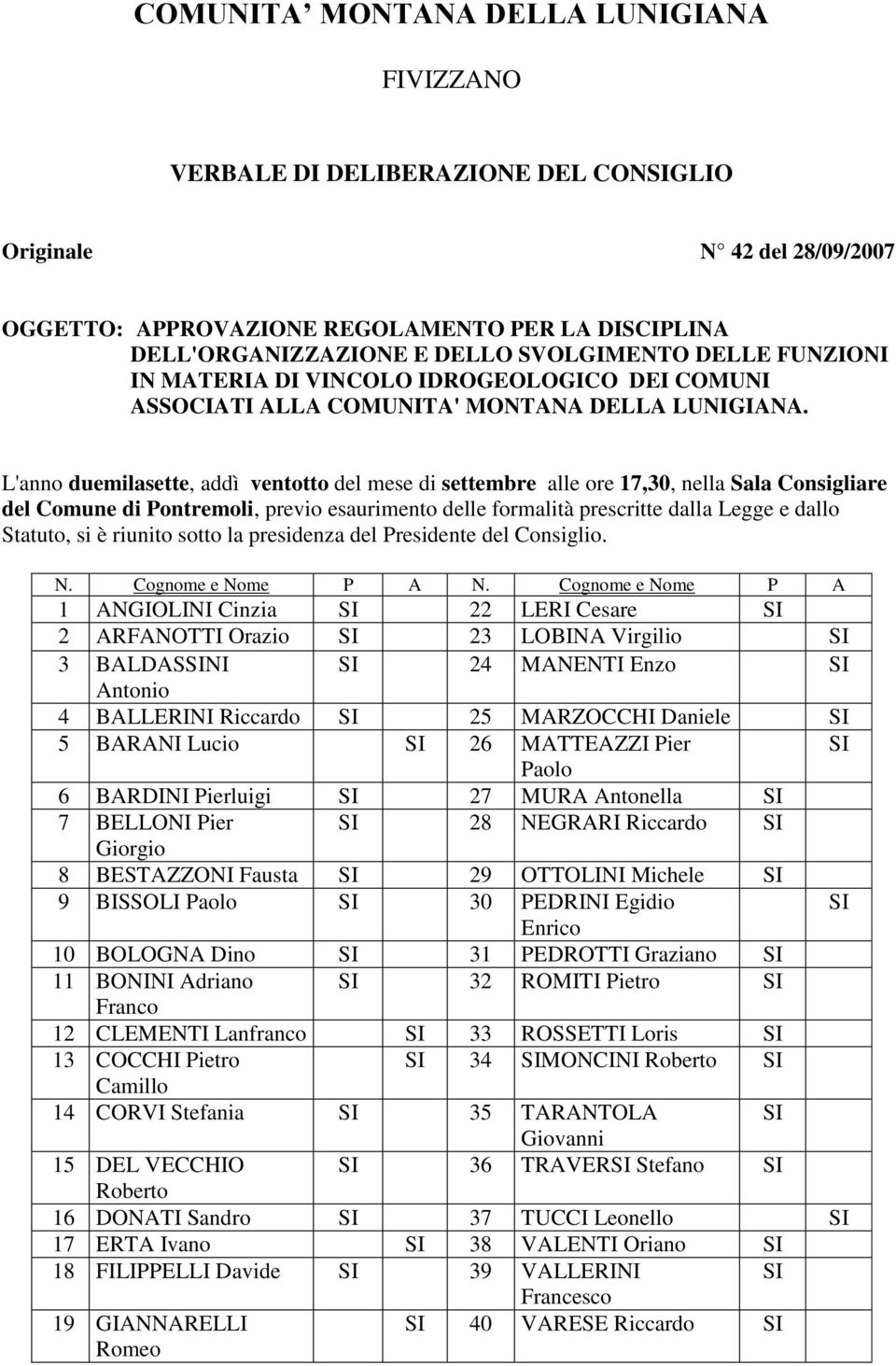 L'anno duemilasette, addì ventotto del mese di settembre alle ore 17,30, nella Sala Consigliare del Comune di Pontremoli, previo esaurimento delle formalità prescritte dalla Legge e dallo Statuto, si