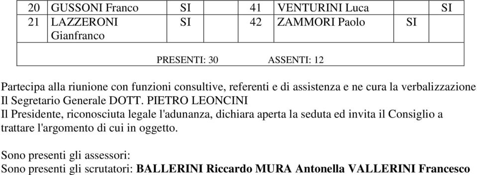 PIETRO LEONCINI Il Presidente, riconosciuta legale l'adunanza, dichiara aperta la seduta ed invita il Consiglio a trattare