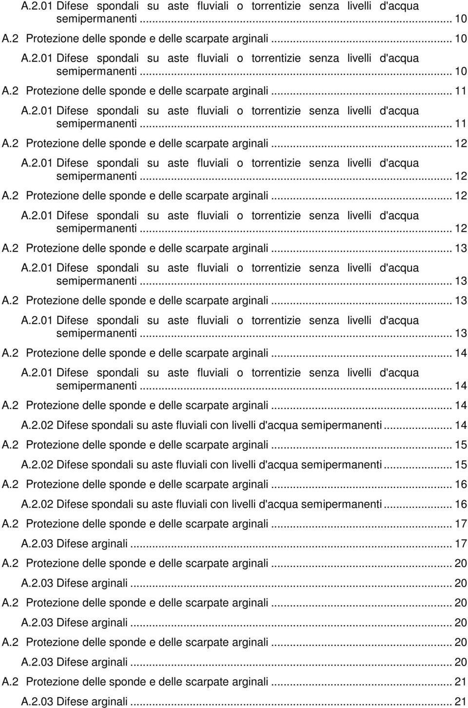 2.01 Difese spondali su aste fluviali o torrentizie senza livelli d'acqua semipermanenti... 12 A.2 Protezione delle sponde e delle scarpate arginali... 12 A.2.01 Difese spondali su aste fluviali o torrentizie senza livelli d'acqua semipermanenti... 12 A.2 Protezione delle sponde e delle scarpate arginali... 13 A.